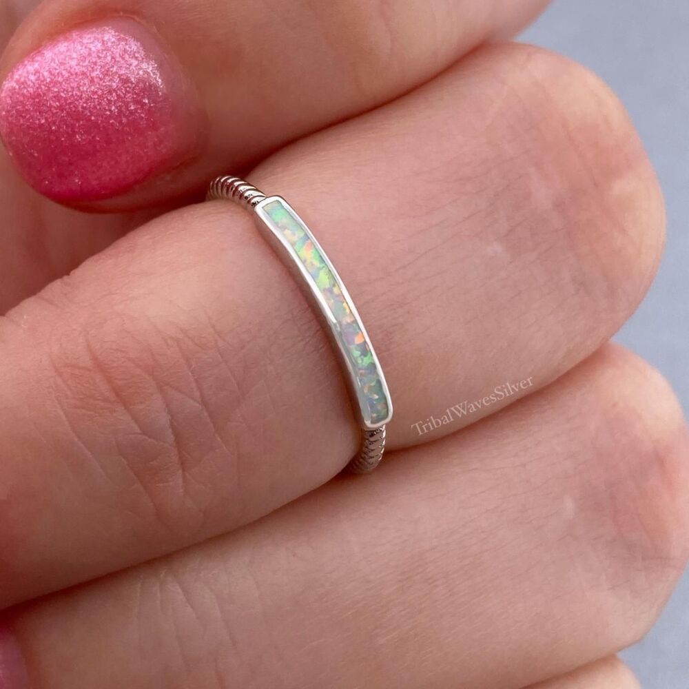 Dainty Opal Bar Sterling Silver Ring Sizes 5 - 9